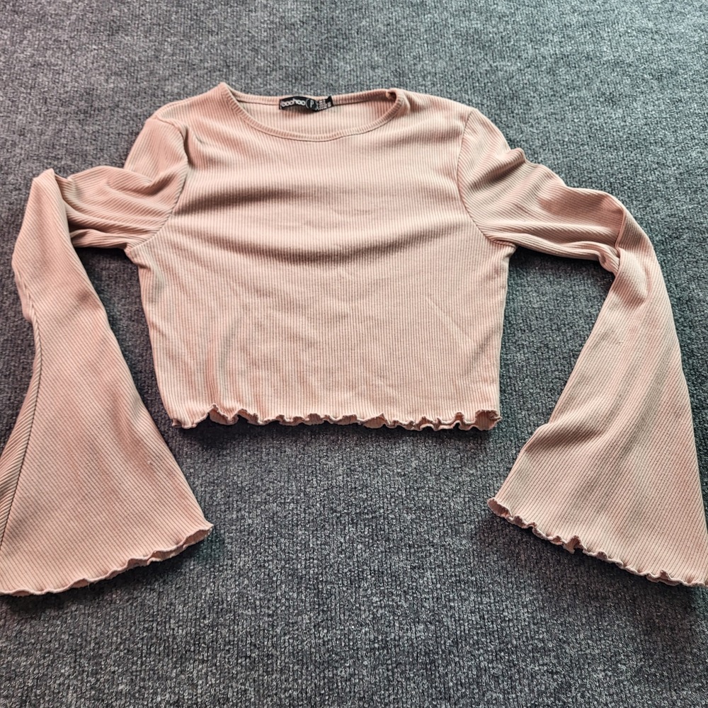 Boohoo Ribbed Cropped Bell Sleeve Top Rose Pink‎ Women's Size US 0